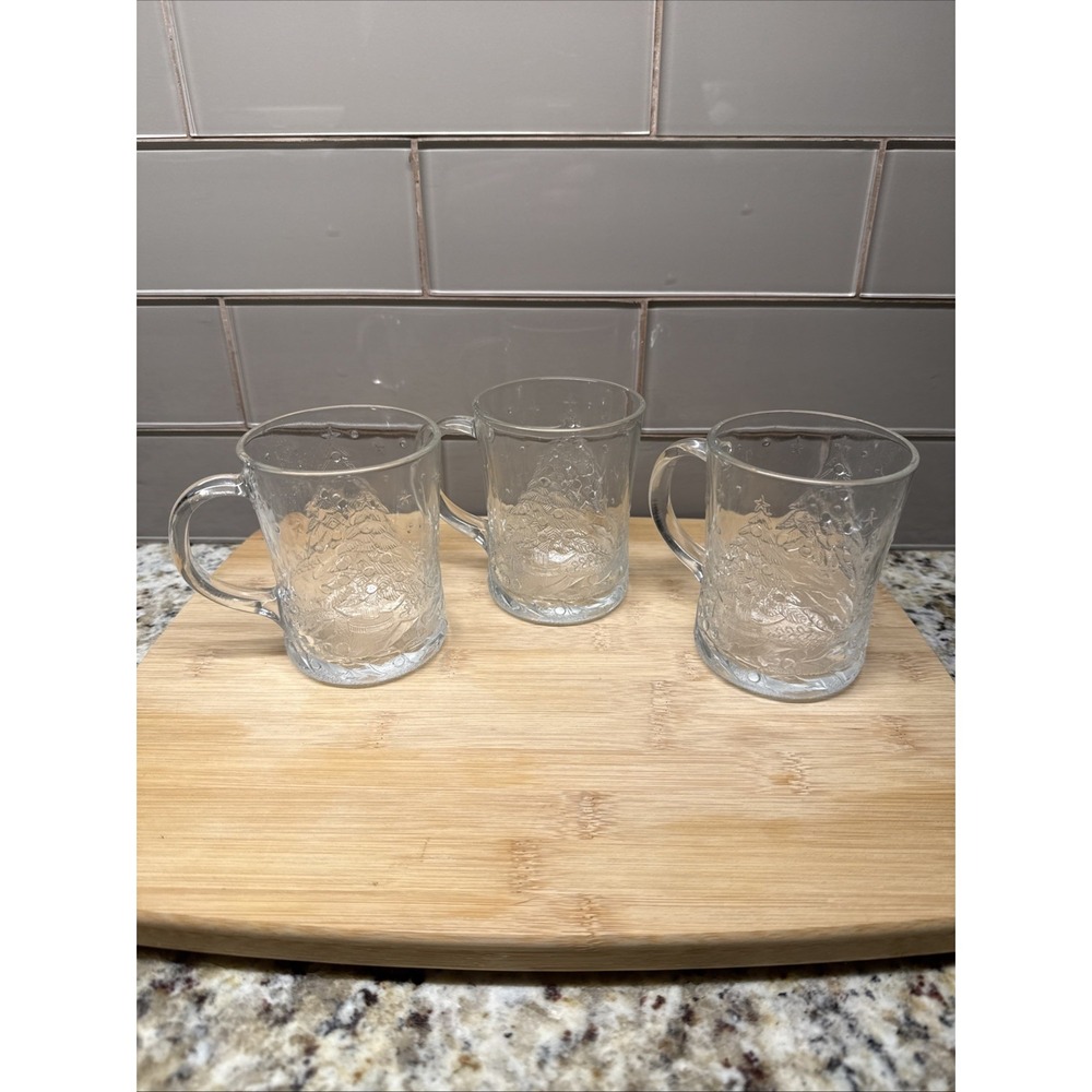 Clear Glass Mugs Christmas Tree Holly Heavy Set of 3 Embossed Height 4"